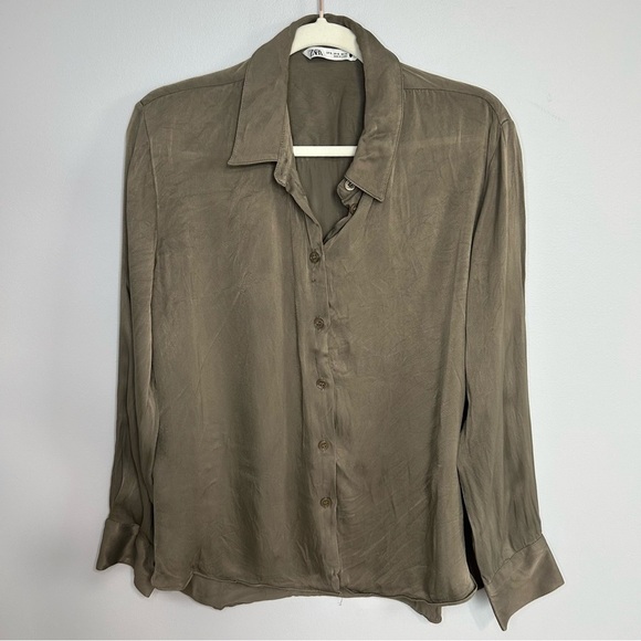 Zara Olive Green Long Sleeve Button Down Shirt Collared Shirt Women’s Size XL - Picture 2 of 7